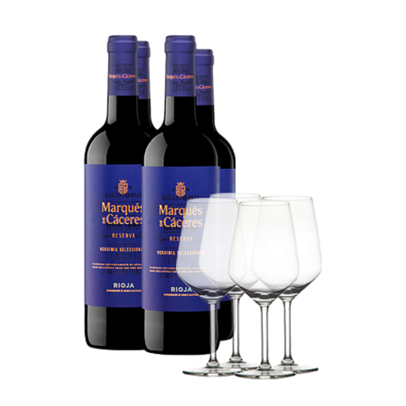 4 flessen Marqués de Cáceres Reserva 2020 + 4 glazen Wijnen met glazen 2020
